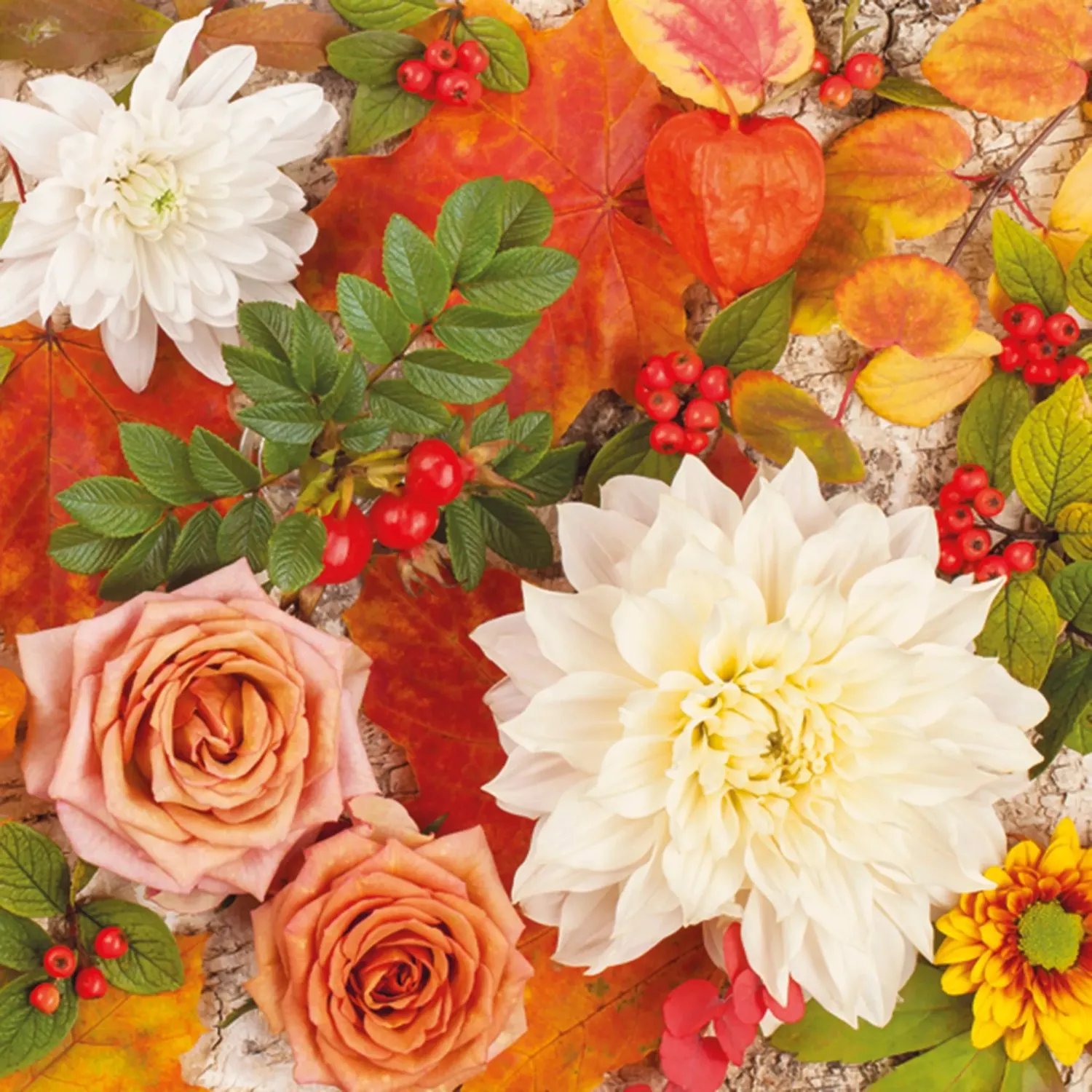 Servetter Autumn Flowers Grön/Rosa/Röd/Vit/Aprikos 20 st L:33 cm B:33 cm